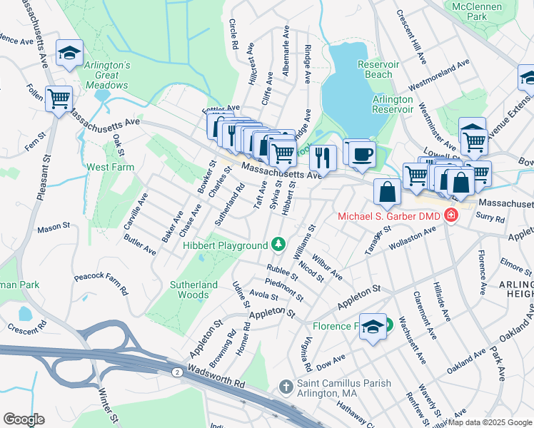map of restaurants, bars, coffee shops, grocery stores, and more near 95 Sylvia Street in Arlington