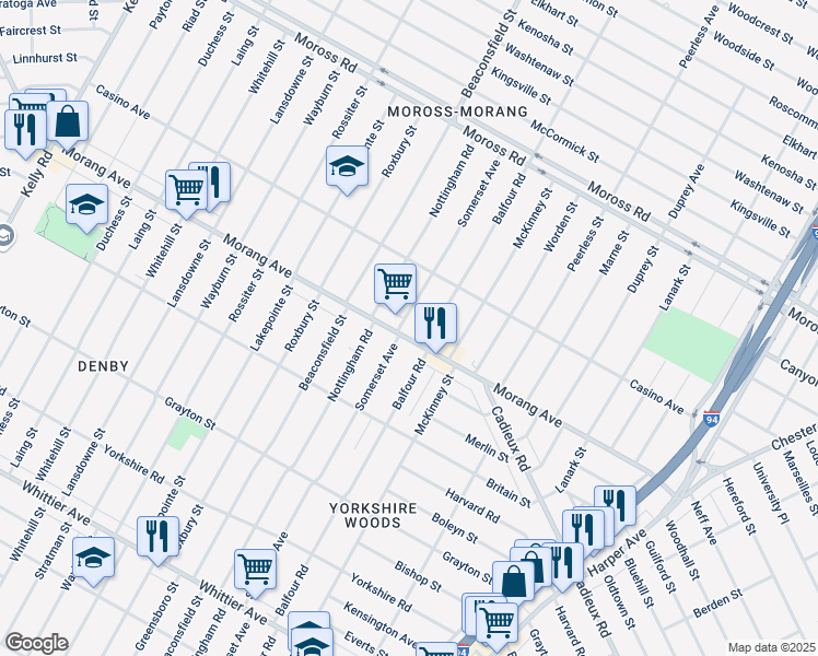 map of restaurants, bars, coffee shops, grocery stores, and more near 11040 Somerset Avenue in Detroit