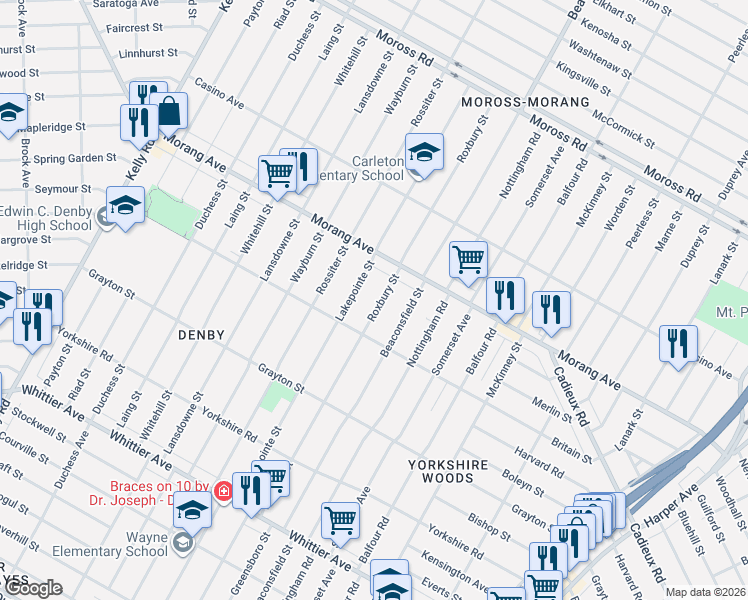 map of restaurants, bars, coffee shops, grocery stores, and more near 11311 Roxbury Street in Detroit
