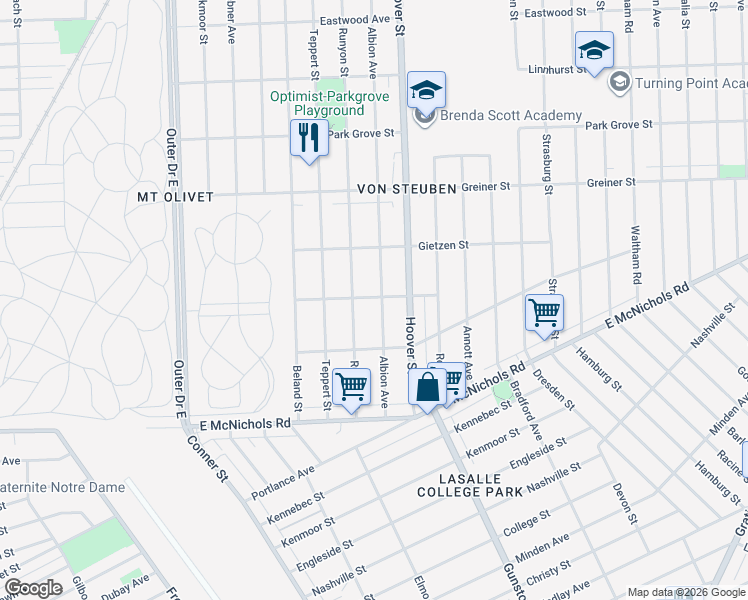 map of restaurants, bars, coffee shops, grocery stores, and more near 17353 Albion Avenue in Detroit