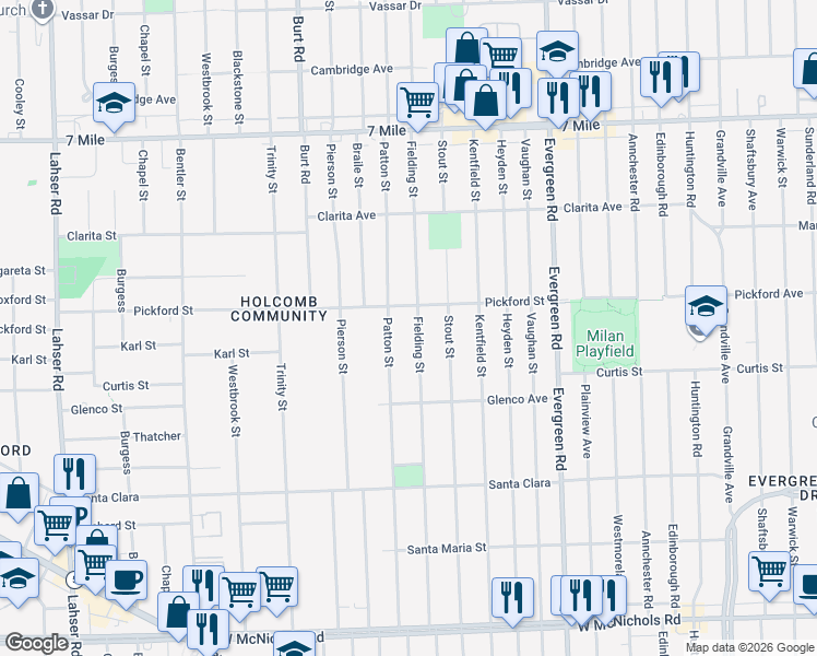 map of restaurants, bars, coffee shops, grocery stores, and more near 18212 Fielding Street in Detroit