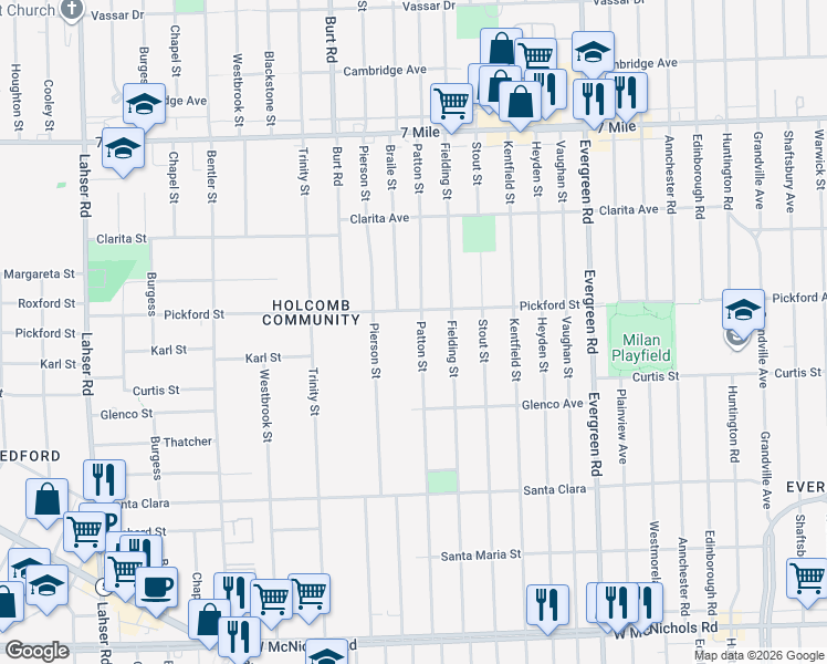 map of restaurants, bars, coffee shops, grocery stores, and more near 18207 Patton Street in Detroit