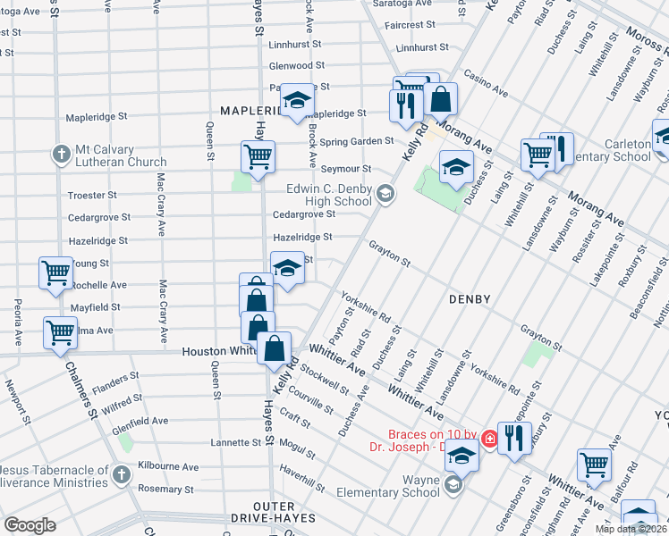 map of restaurants, bars, coffee shops, grocery stores, and more near 12605 Kelly Road in Detroit