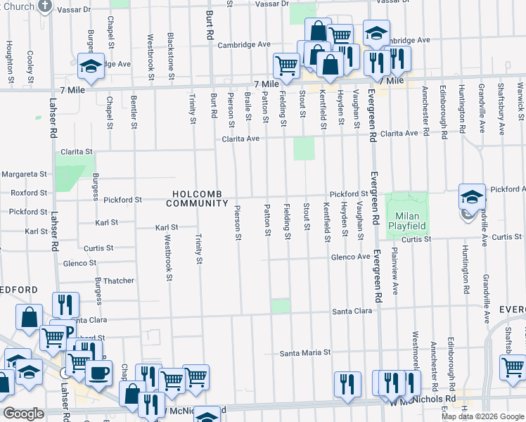 map of restaurants, bars, coffee shops, grocery stores, and more near 18207 Patton Street in Detroit