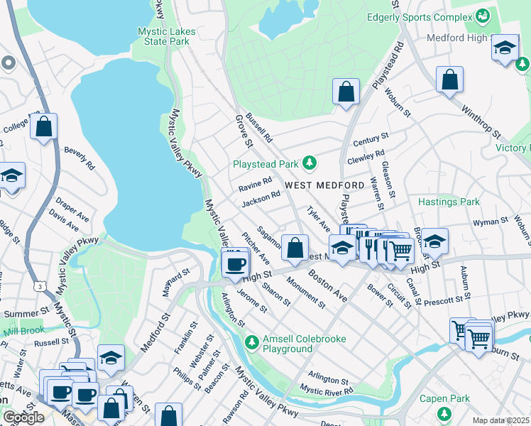 map of restaurants, bars, coffee shops, grocery stores, and more near Woodland Road in Medford