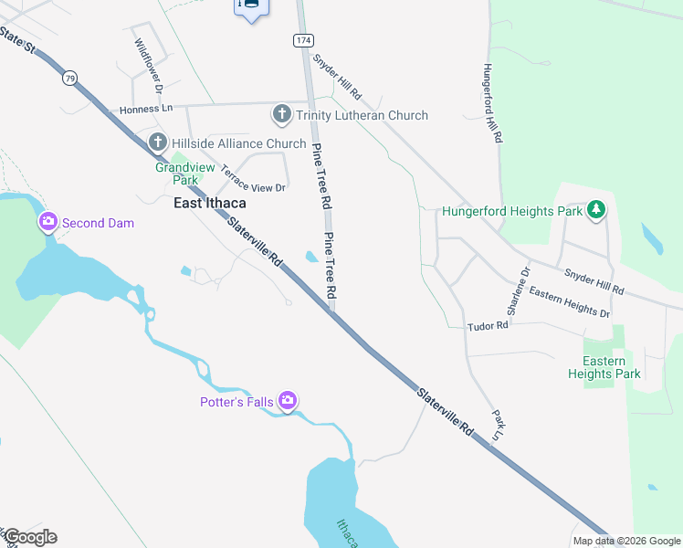 map of restaurants, bars, coffee shops, grocery stores, and more near 105 Pine Tree Road in Ithaca