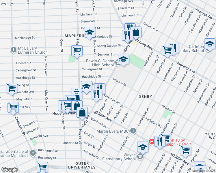map of restaurants, bars, coffee shops, grocery stores, and more near 11931 Payton Street in Detroit