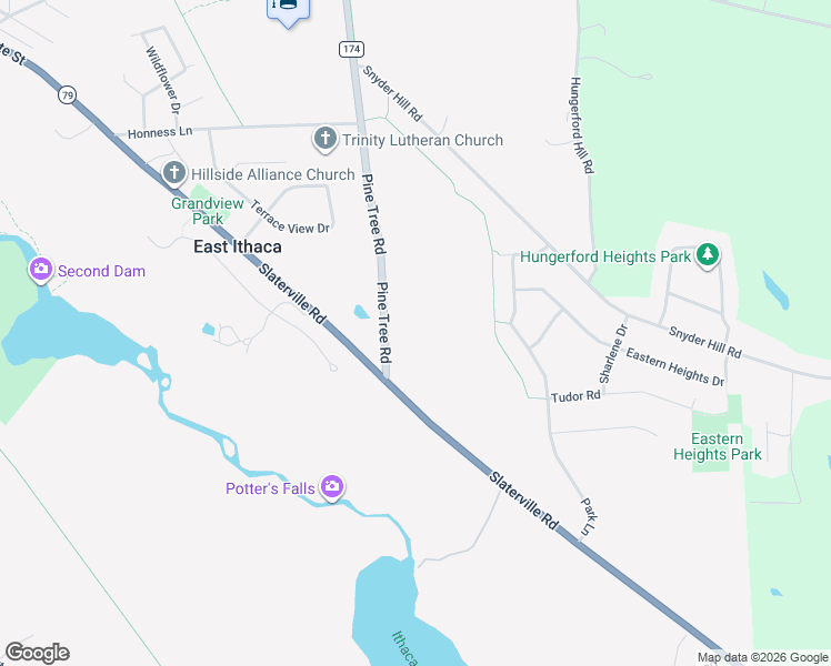 map of restaurants, bars, coffee shops, grocery stores, and more near 105 Pine Tree Road in Ithaca