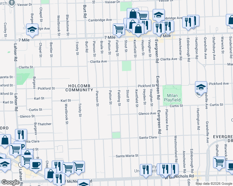 map of restaurants, bars, coffee shops, grocery stores, and more near 18212 Fielding Street in Detroit