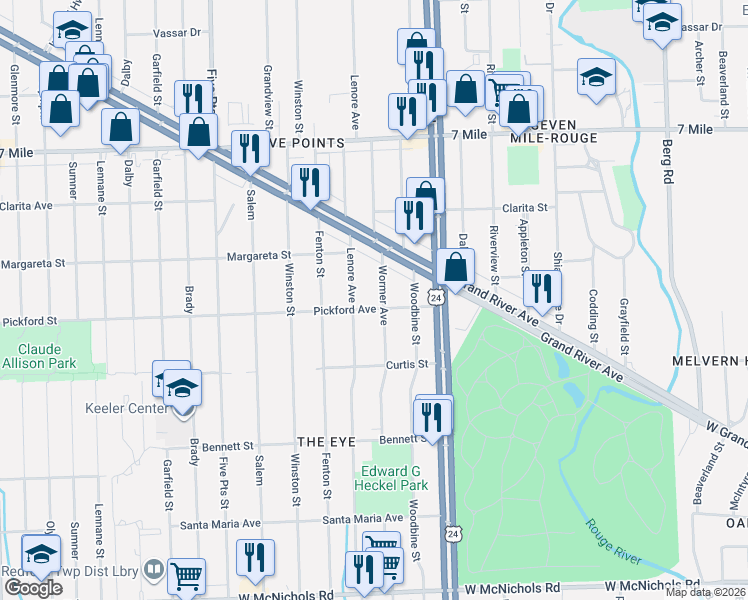 map of restaurants, bars, coffee shops, grocery stores, and more near 18282 Wormer in Detroit