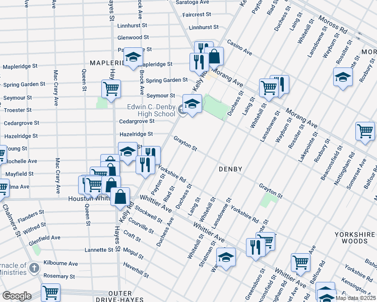map of restaurants, bars, coffee shops, grocery stores, and more near 12800 Kelly Road in Detroit