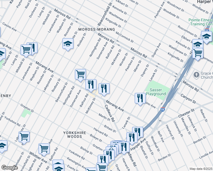 map of restaurants, bars, coffee shops, grocery stores, and more near 10799 Worden Street in Detroit