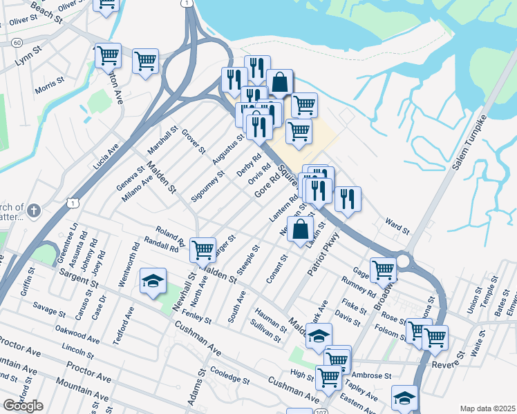 map of restaurants, bars, coffee shops, grocery stores, and more near 149 Gore Road in Revere