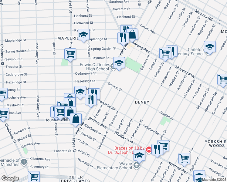 map of restaurants, bars, coffee shops, grocery stores, and more near 12800 Kelly Road in Detroit