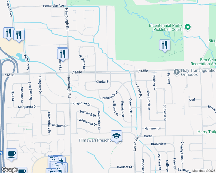 map of restaurants, bars, coffee shops, grocery stores, and more near 36730 Clarita Street in Livonia