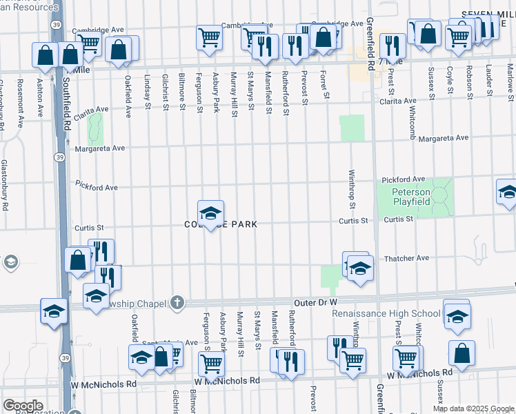 map of restaurants, bars, coffee shops, grocery stores, and more near 18246 Saint Marys Street in Detroit