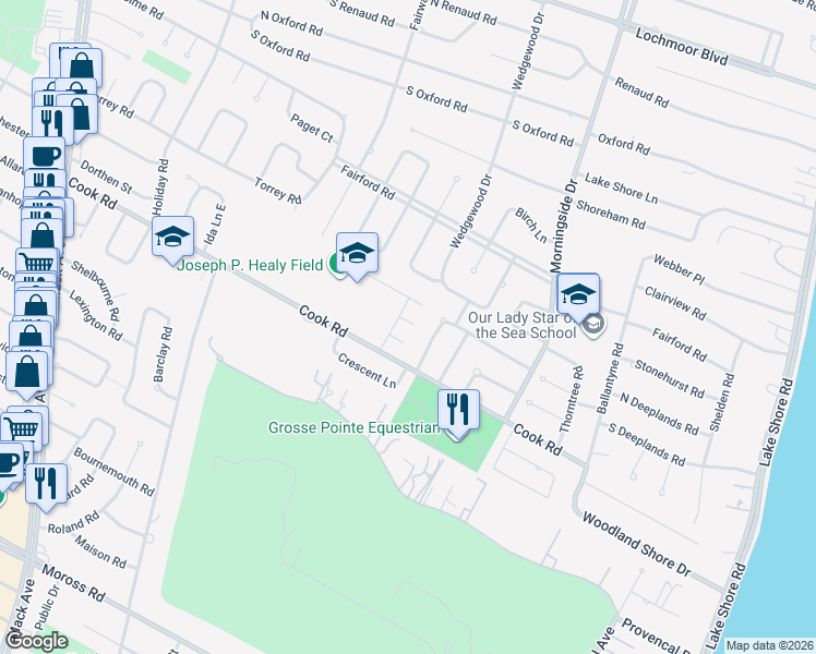 map of restaurants, bars, coffee shops, grocery stores, and more near 15 North River Court in Grosse Pointe Woods