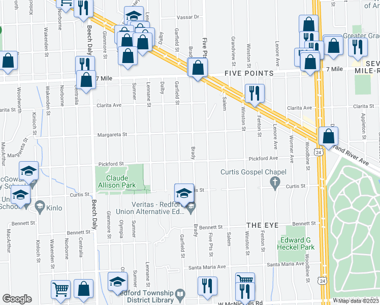 map of restaurants, bars, coffee shops, grocery stores, and more near 18435 Brady in Redford Charter Township