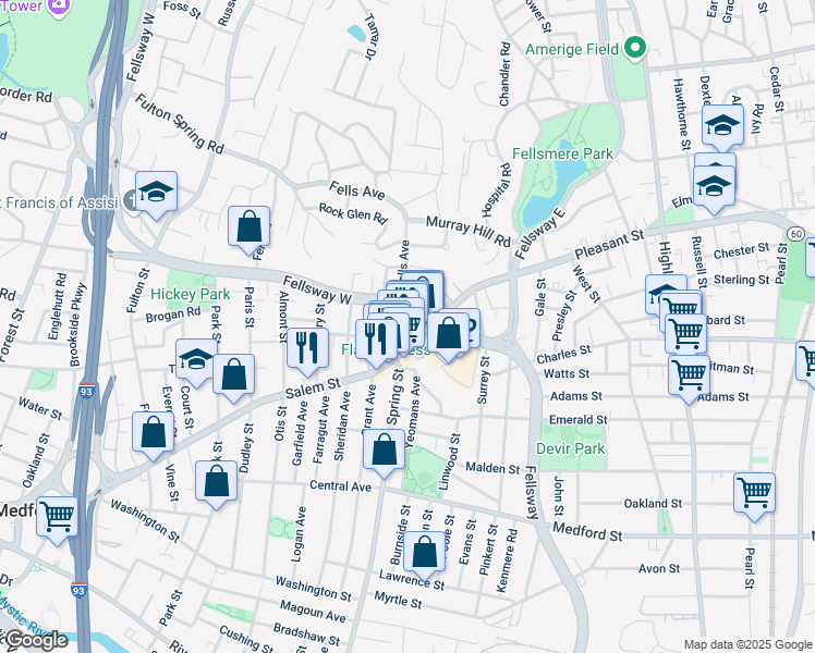 map of restaurants, bars, coffee shops, grocery stores, and more near 297 Spring Street Extension in Medford