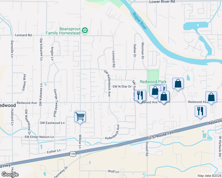 map of restaurants, bars, coffee shops, grocery stores, and more near 1202 Southwest Sun Glo Drive in Grants Pass