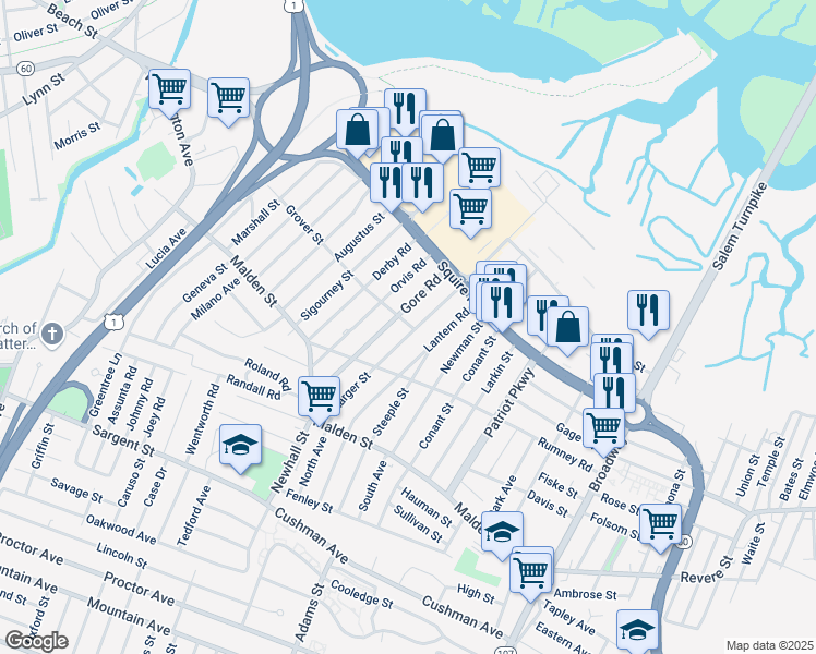 map of restaurants, bars, coffee shops, grocery stores, and more near 149 Gore Road in Revere