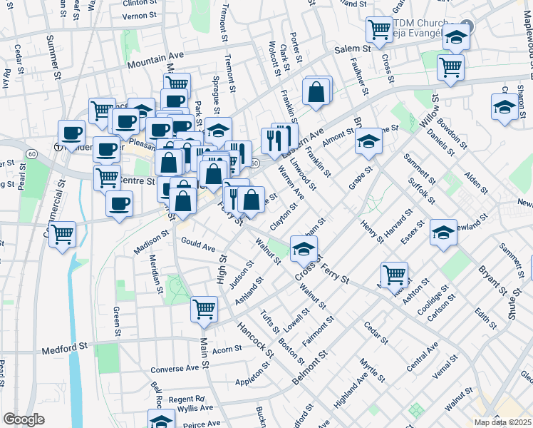 map of restaurants, bars, coffee shops, grocery stores, and more near 41 Stearns Street in Malden