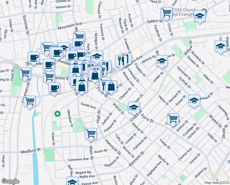 map of restaurants, bars, coffee shops, grocery stores, and more near 21 Wyeth Street in Malden