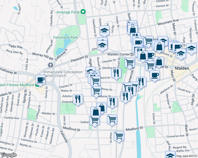 map of restaurants, bars, coffee shops, grocery stores, and more near 62 Russell Street in Malden