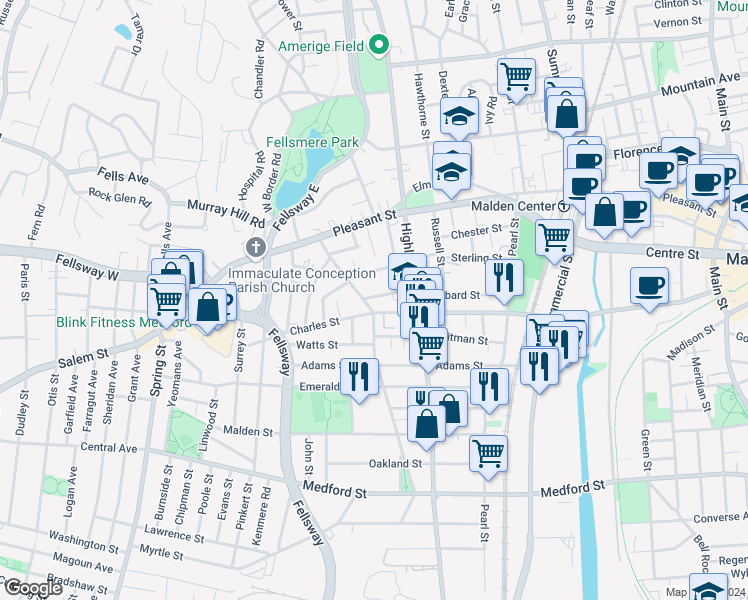 map of restaurants, bars, coffee shops, grocery stores, and more near 52 Wentworth Street in Malden
