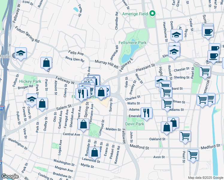 map of restaurants, bars, coffee shops, grocery stores, and more near 10 Saint Mary Street in Malden