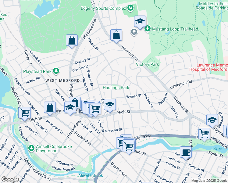 map of restaurants, bars, coffee shops, grocery stores, and more near 42 Vernon Street in Medford