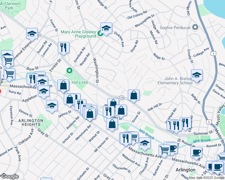 map of restaurants, bars, coffee shops, grocery stores, and more near 48 Charles Street in Arlington