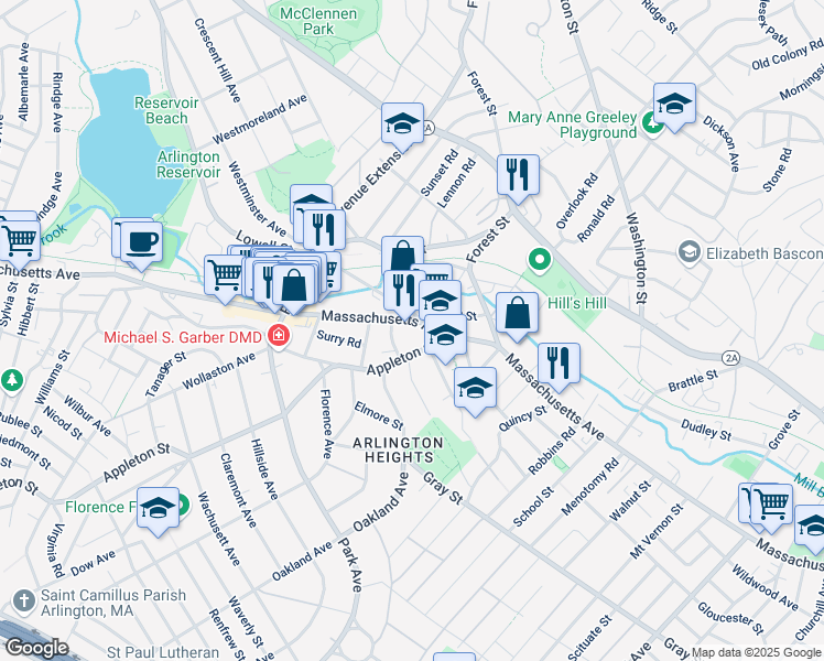 map of restaurants, bars, coffee shops, grocery stores, and more near 21 Lowell Street in Arlington