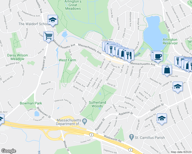 map of restaurants, bars, coffee shops, grocery stores, and more near in Lexington