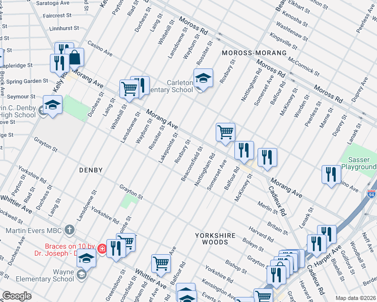 map of restaurants, bars, coffee shops, grocery stores, and more near 11501 Morang Avenue in Detroit