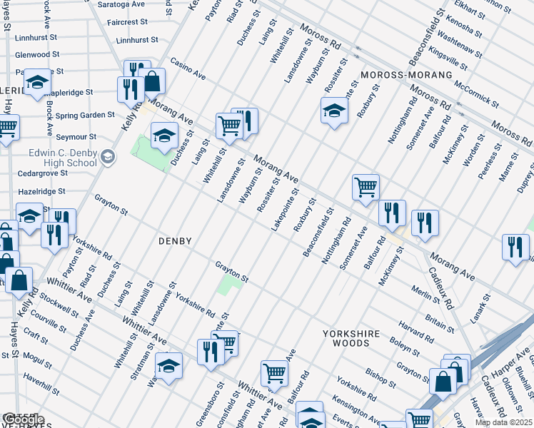 map of restaurants, bars, coffee shops, grocery stores, and more near 11573 Rossiter Street in Detroit