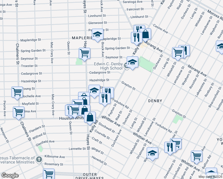 map of restaurants, bars, coffee shops, grocery stores, and more near 15428 Hazelridge Street in Detroit