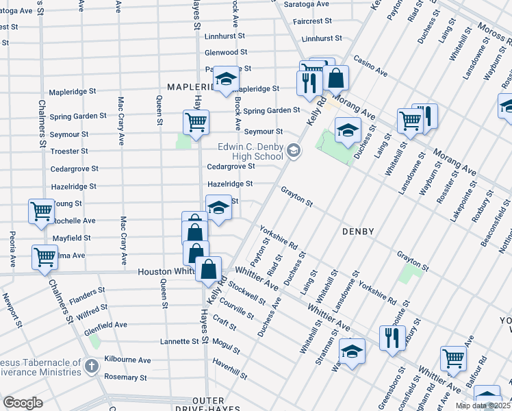 map of restaurants, bars, coffee shops, grocery stores, and more near 15428 Hazelridge Street in Detroit
