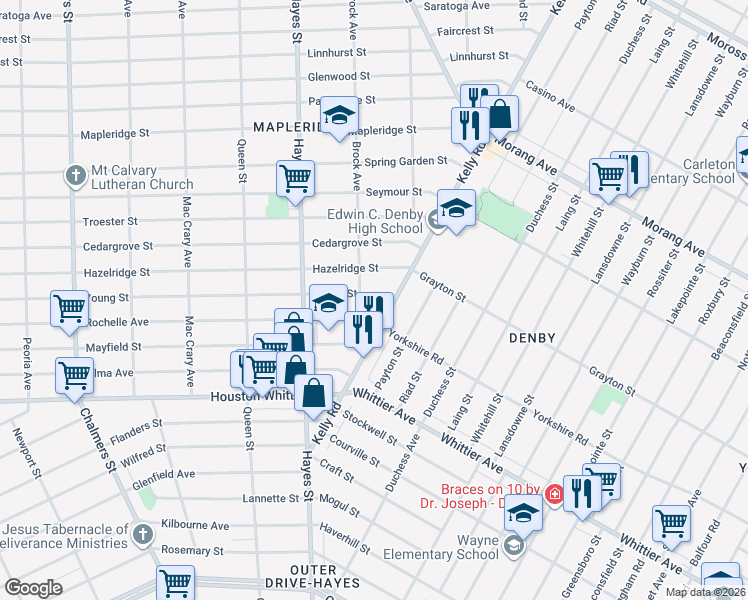 map of restaurants, bars, coffee shops, grocery stores, and more near 15428 Hazelridge Street in Detroit