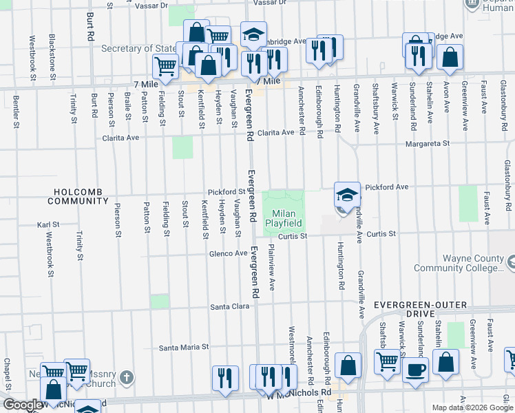 map of restaurants, bars, coffee shops, grocery stores, and more near 18401 Plainview Avenue in Detroit