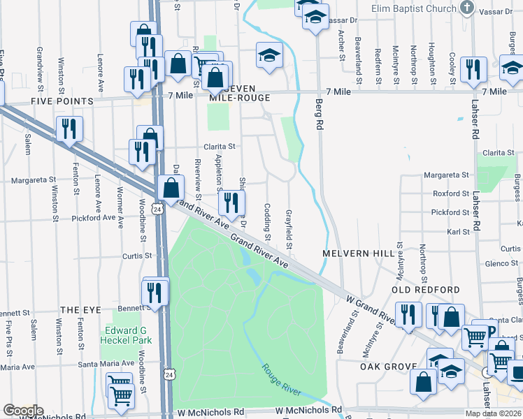 map of restaurants, bars, coffee shops, grocery stores, and more near 18370 Codding Street in Detroit