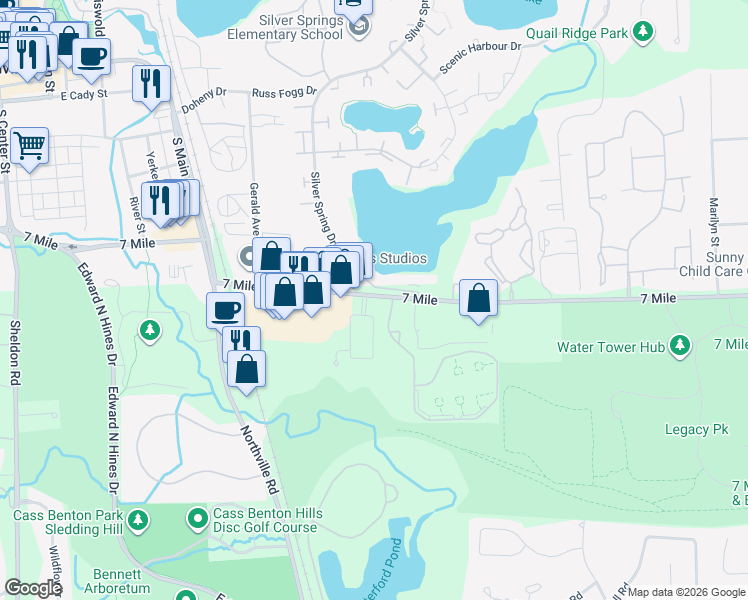 map of restaurants, bars, coffee shops, grocery stores, and more near 42885 Swan Lake Drive in Northville