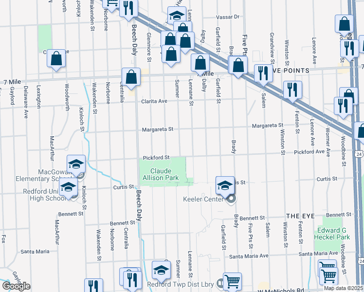 map of restaurants, bars, coffee shops, grocery stores, and more near 18442 Sumner in Redford Charter Township