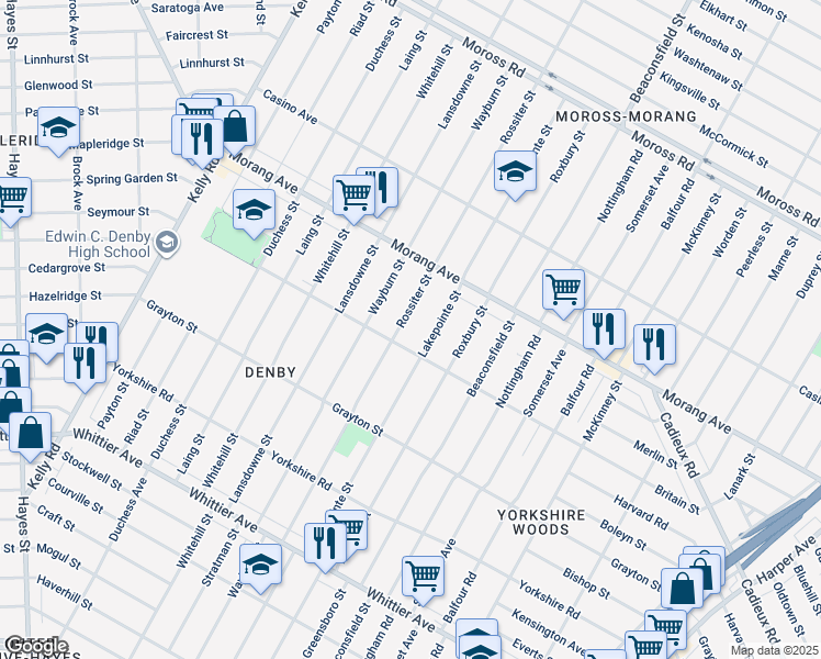 map of restaurants, bars, coffee shops, grocery stores, and more near 11573 Rossiter Street in Detroit