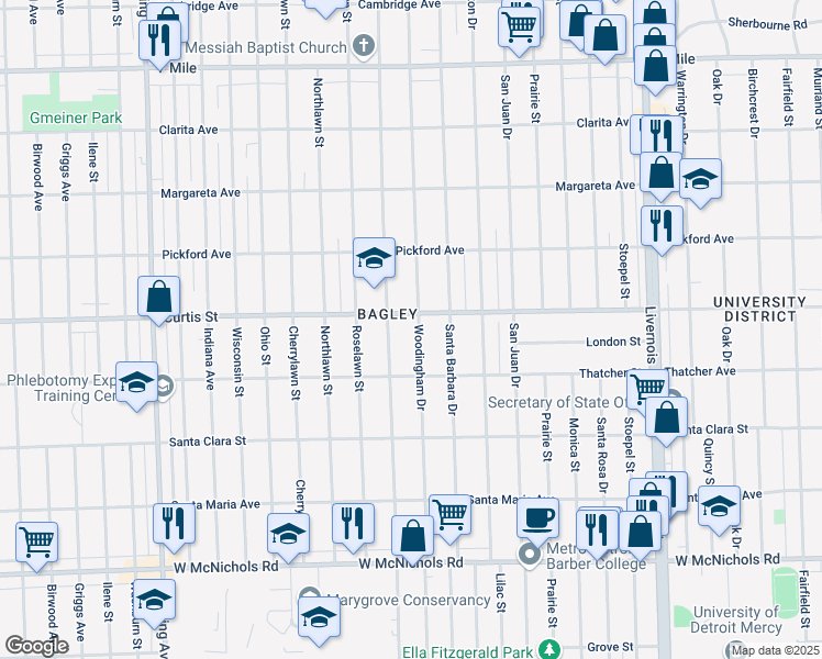 map of restaurants, bars, coffee shops, grocery stores, and more near 18095 Woodingham Drive in Detroit