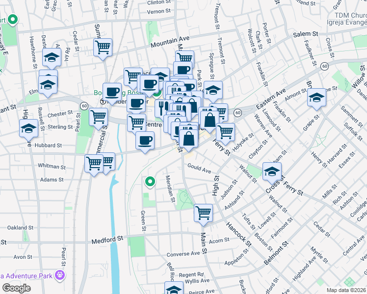 map of restaurants, bars, coffee shops, grocery stores, and more near 297 Main Street in Malden