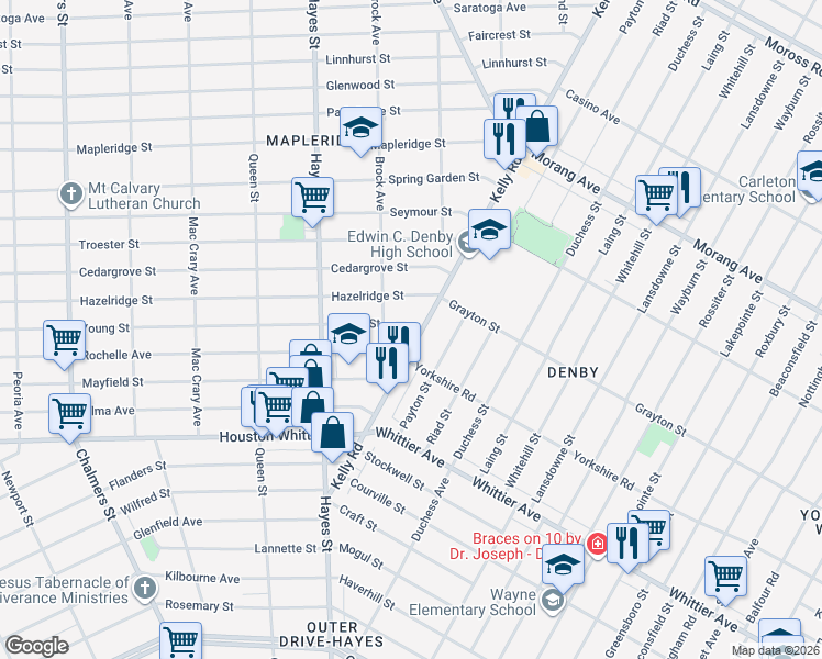 map of restaurants, bars, coffee shops, grocery stores, and more near 15428 Hazelridge Street in Detroit
