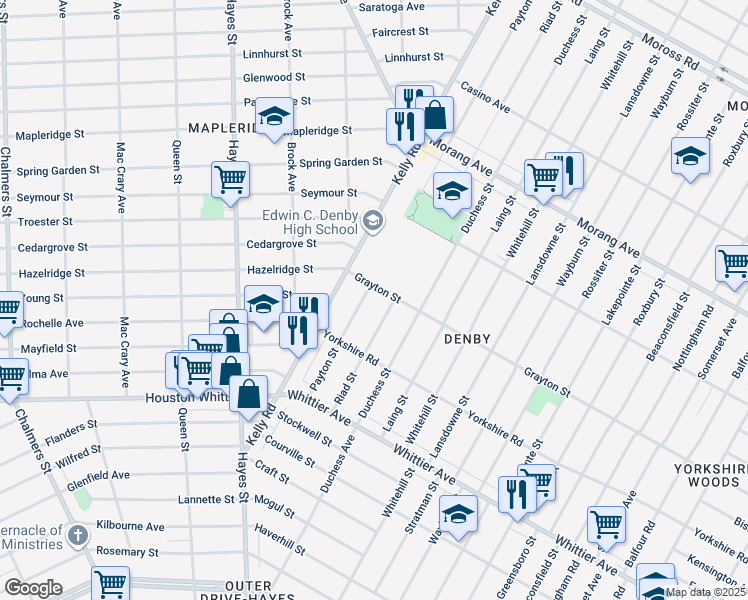 map of restaurants, bars, coffee shops, grocery stores, and more near 12114 Payton Street in Detroit