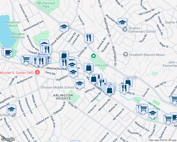 map of restaurants, bars, coffee shops, grocery stores, and more near 33 Ryder Street in Arlington