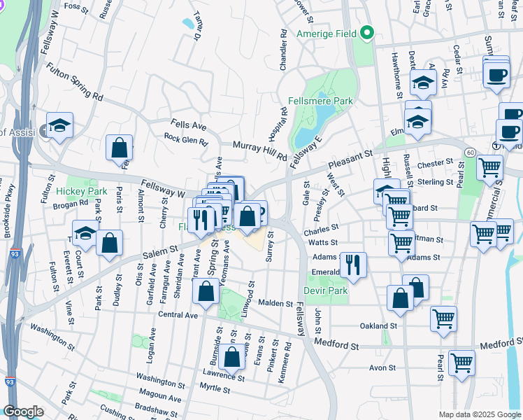 map of restaurants, bars, coffee shops, grocery stores, and more near 10 Saint Mary Street in Malden